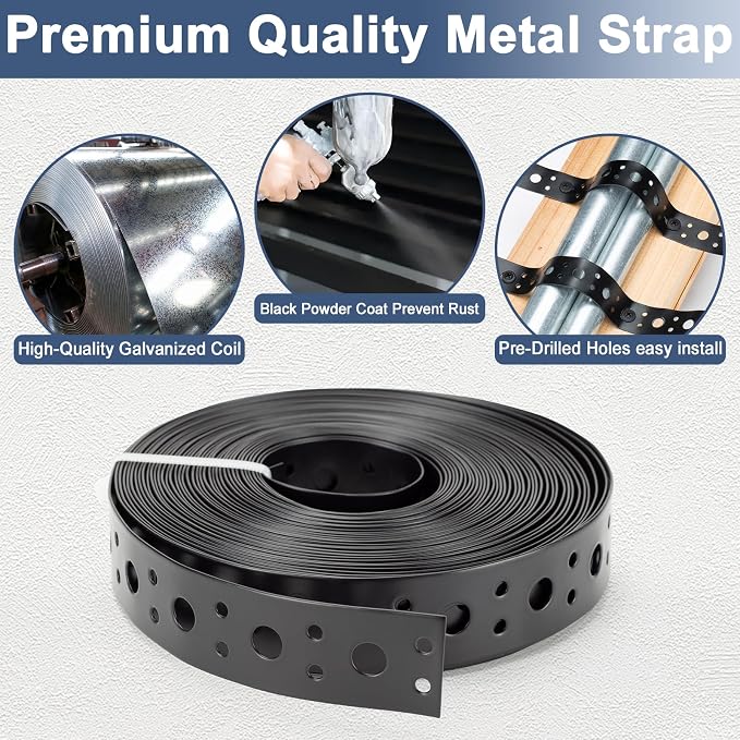 2Pack Metal Strap 1-Inch x 33FT 0.6mm Thickness for Pipe Support Pipe Hanger Strap Metal Strapping with Holes Black