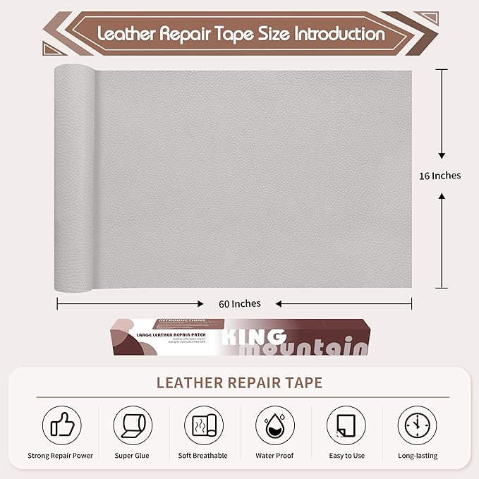 KING MOUNTAIN Leather Repair Patch,16 x 60 Inches self Adhesive Leather Repair Tape for Damaged Leather Furniture, Sofa Seating,Car Seats, Leather Goods(Light Grey)