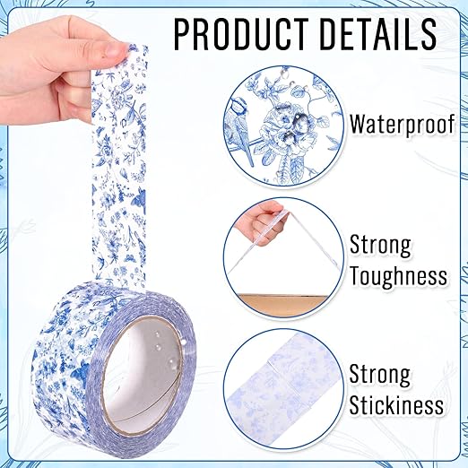 Whaline 109 Yard Spring Blue Floral Packing Tape Gift Wrapping Tape Vintage Chinoiserie Flower Bird Pattern Tapes for Small Business DIY Crafts Carton Decor