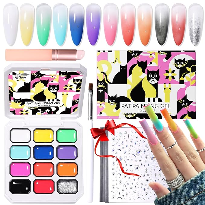 12 Color Patting Nail Gel Polish Kit, Ombre Painting Gel Palette with Brush & Silicone Patting Pen & Nail Art Stickers - UV/LED Curing for Gradient Nails, Beginner Friendly DIY Manicure Set