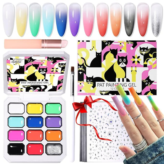 12 Color Patting Nail Gel Polish Kit, Ombre Painting Gel Palette with Brush & Silicone Patting Pen & Nail Art Stickers - UV/LED Curing for Gradient Nails, Beginner Friendly DIY Manicure Set