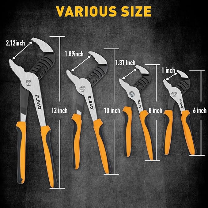 ELEAD 4-Piece Groove Joint Pliers Set, 12/10/8/6 Inch Adjustable Water Pump Pliers with Tool Roll Bag, Tongue and Groove for Home Repair, Gripping, Nuts, Bolts, Pipe & Fittings