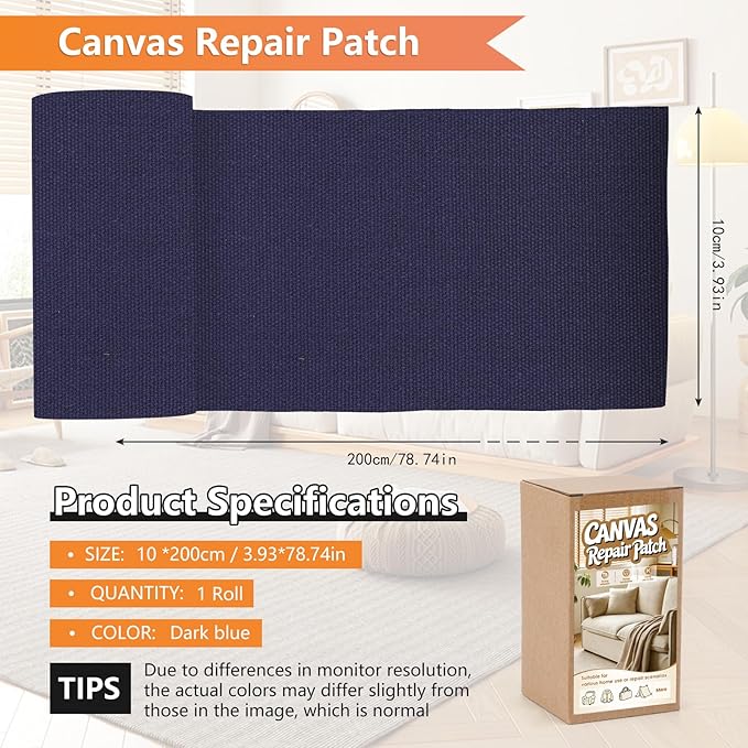 Canvas Fabric Patches, 4x79 Inches Self-Adhesive Canvas Repair Tape, Waterproof Fabric Tape Kit for Repairing Sofa, Cushion, Clothes, Tent, Sun Umbrella, Boat Cover (Dark Blue)