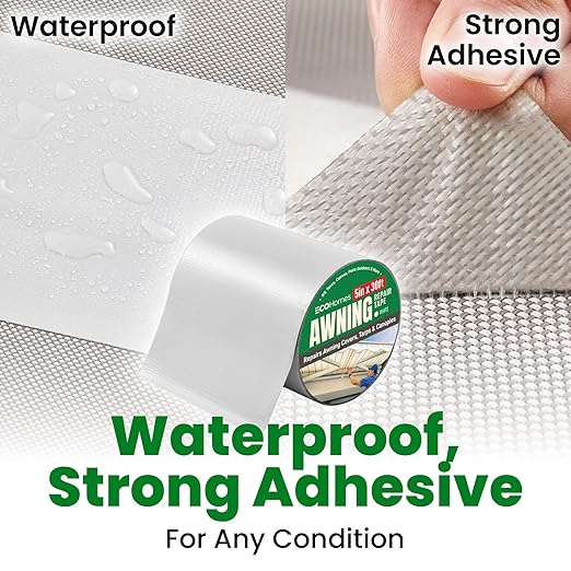 Awning Covers & Tarp Repair Tape - Waterproof Self Adhesive Patch Repair Kit | Patch Tapes for Awnings, Outdoor Canopies, Patio Window Awnings, Gazebos, Tents, RV, Canvas, Boat Covers (White, 5 Inch)