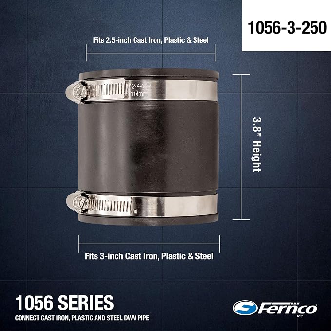 Fernco P1056-3/250 3-in. x 2.5-in. Cast Iron, Plastic and Steel Pipe Flexible Coupling Connector Adapter, 2-Pack