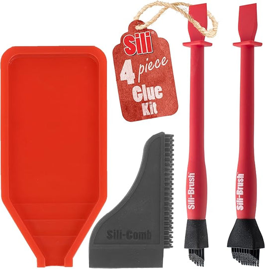 Sili Non-Stick Wood Glue Brush Silicone Applicator Kit | Comb/Squeegee Wood Glue Applicator & Tray | Reusable Small Brushes for Crafts, Arts & Hobby | Silicone Brushes for Woodworking