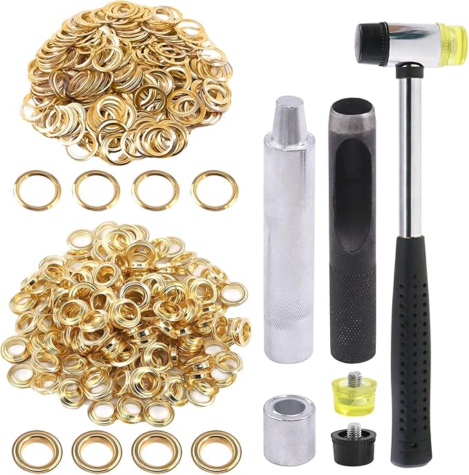 Glarks 124Pcs 1/2 Inch Gold Grommets Eyelets with Tool Sets, 120Pcs Grommets Eyelets with 4Pcs Installation Tools for Fabric, Canvas, Curtain, Clothing, Leather Repair and Decoration