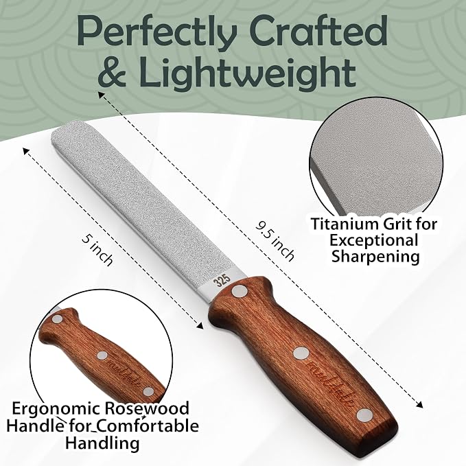Muldale Garden Tool Sharpener - Dual Grit Titanium File with Leather Strop | for Pruners Loppers Hedge Shears Mower Blades Axes and Machetes