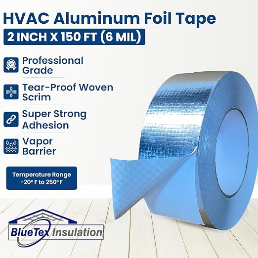 BlueTex Insulationㅤ HVAC Aluminum Foil Tape 2 inch x 150 ft (6 mil), Professional Grade Silver Metallic Tear-Proof HVAC Tape, Heavy Duty Aluminum Tape for Ductwork, Dryer Vent & Insulation - 12 Rolls