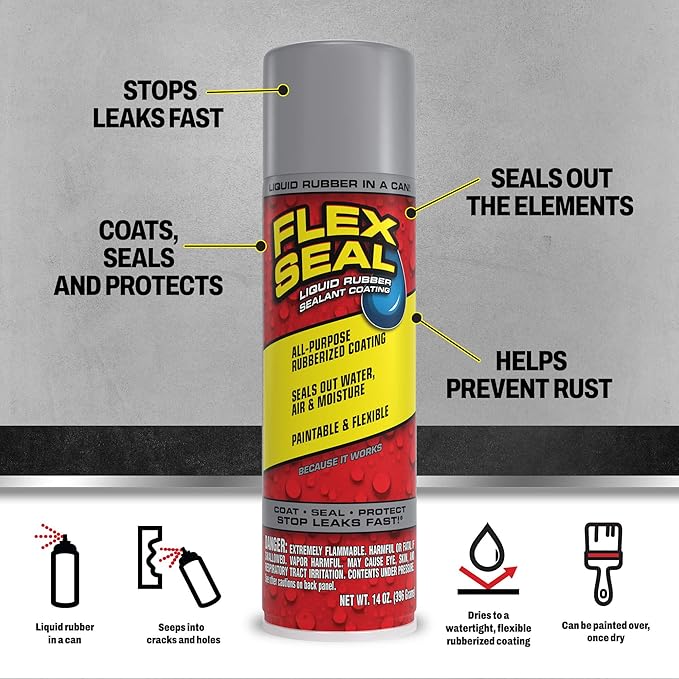 Flex Seal, 14 oz, 1-Pack, Gray, Stop Leaks Instantly, Waterproof Rubber Spray On Sealant Coating, Perfect for Gutters, Wood, RV, Campers, Roof Repair, Skylights, Windows, and More
