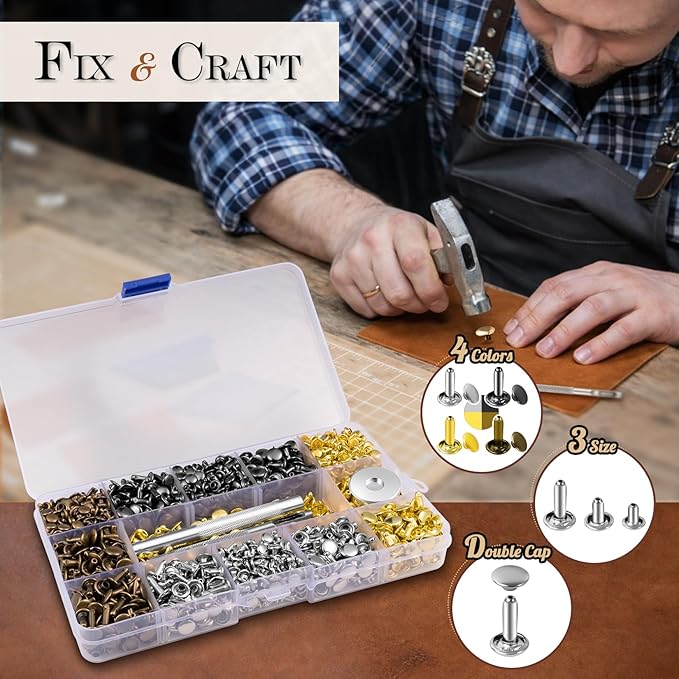 240 Sets Leather Rivets Kit, Double Cap Brass Rivets Leather Studs with 3PCS Setting Tools for Leather Repair and Crafts, 4 Colors and 3 Sizes