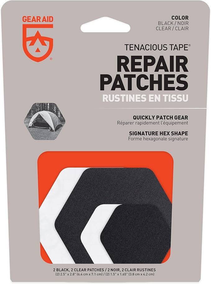 GEAR AID Tenacious Tape Hex – 2.5” & 1.5” Repair Patches (4 Patches: Two 2.5” & Two 1.5”, Clear/Black) – Peel-and-Stick Outdoor Nylon Fabric to Fix Holes and Burns in Down Jackets, Rain Gear and Tents