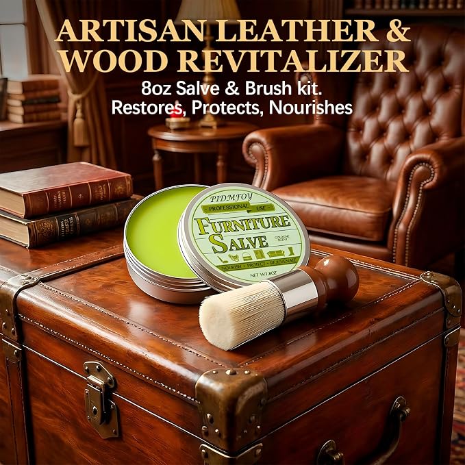 Furniture & Leather Repair Salve with Brush, Wood, Vinyl, Leather, Polisher, Cleaner and Conditioner for Furniture, Saddle, Moisturizer, Restorer for Car Seat, Couch, Shoe, Purse, Boot - 8oz