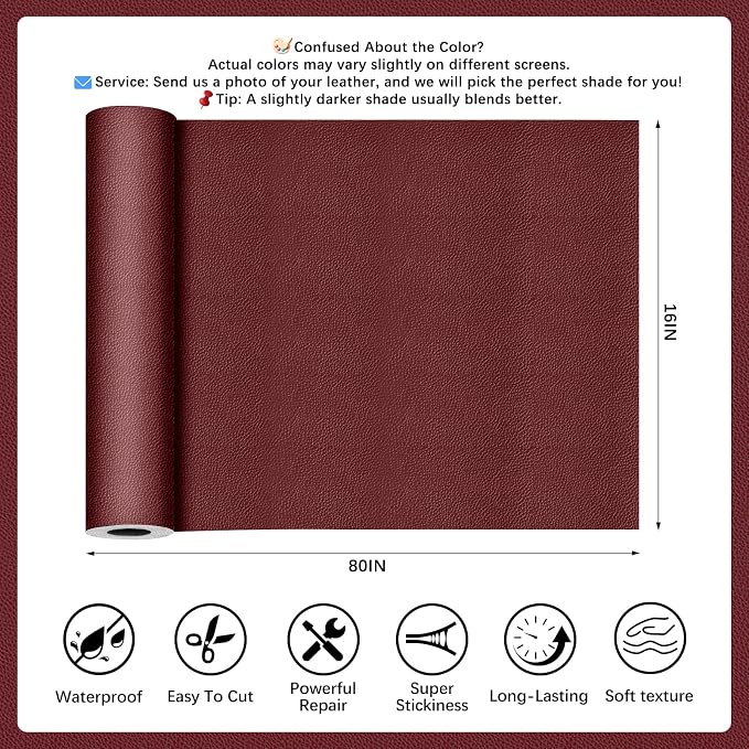 Burgundy Leather Repair Tape, 16x80 Inch Leather Repair Patch Self-Adhesive, Waterproof Faux Leather Patch, Vinyl Repair Tape for Couch, Sofas, Furniture, Office Chair, Car Seats