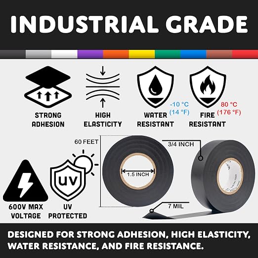 TradeGear Electrical Tape (10PK) Assorted Matte Rainbow Colors – Waterproof, Flame-Retardant, Rubber Based Adhesive, UL Listed – Rated for Max. 600V and 80oC Use –Measures 60’ x 3/4" x 0.07"