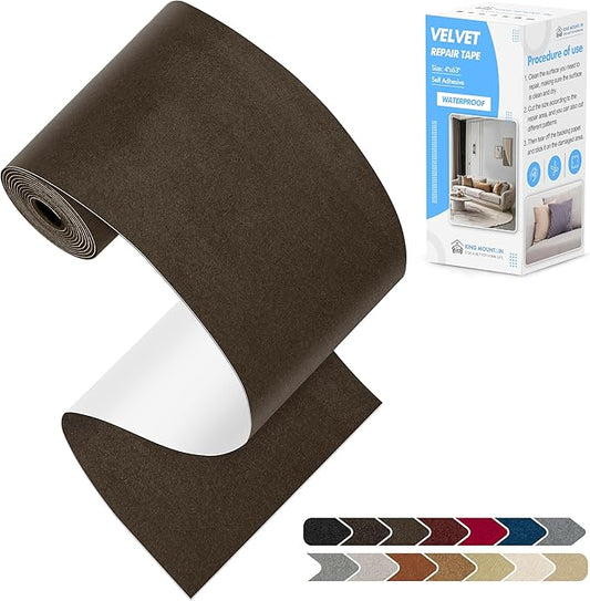 KING MOUNTAIN Couch Fabric Repair Patch, Fabric Patches for Furniture, 4" x 63" Waterproof Velvet Repair Tape for Sofas, Car Seats, Furniture, Upholstery Fabrics and Velvet Goods. （Coffee）