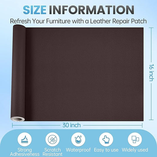 Leather Repair Patch Tape Kit, 16" x 30" Self Adhesive Leather Repair Patch for Furniture, Vinyl Leather Repair Kit for Car Seat, Chairs, Couch, Sofa, Boat Brown