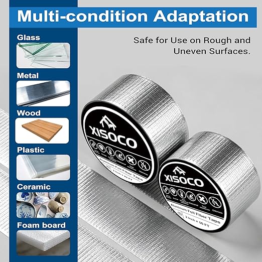 2Inch × 50FT Aluminum Foil Fiber Tape, for Duct Work, HVAC Fiberglass Heat Shield Tape, Greenhouse Sealing Tape, Heavy Duty Waterproof Silver Aluminum Foil Fiber Seal Tape