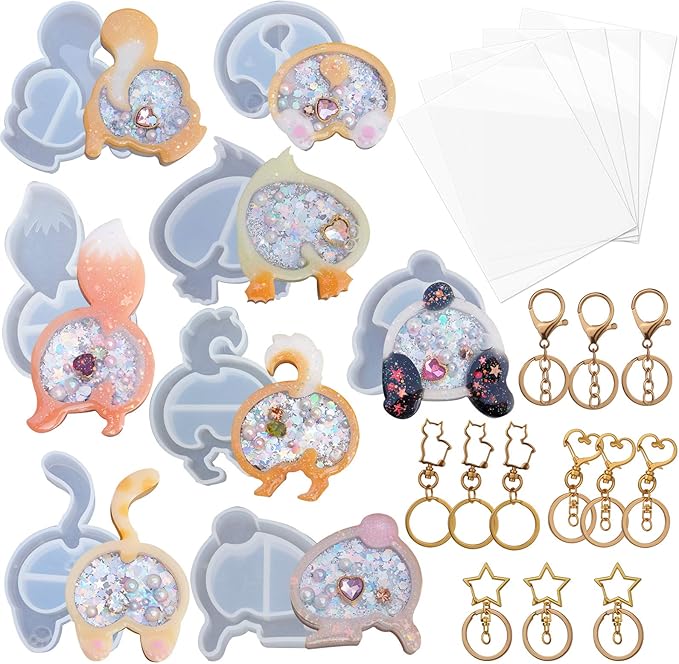 FUNSHOWCASE Animal Butt Resin Shaker Molds Set Keychain Charms Pendant Jewelry Making Supplies 25-Count, Silicone Trays, Seal Films, Key Chains