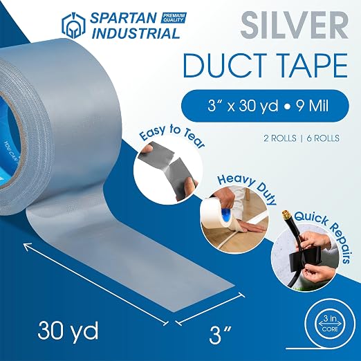 Spartan Industrial - 3" X 30 yd Water-Resistant Silver Duct Tape - 2 Heavy-Duty Tape Rolls for Professional, Home, and DIY Repairs - No Residue, 9 Mil