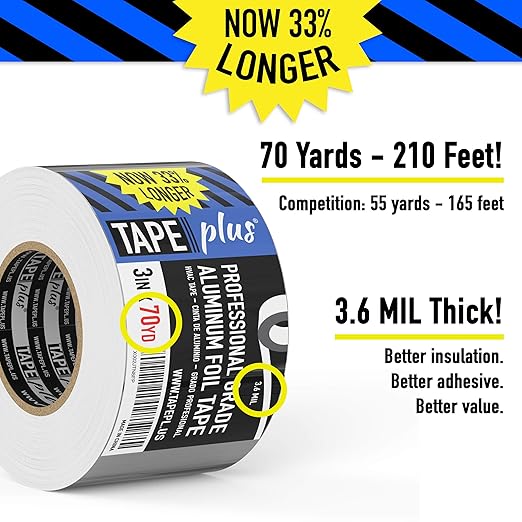 TapePlus Aluminum Foil Tape - Heat-Resistant HVAC Tape - Waterproof Weather Barrier - High-Temp Thermal Seal - 3 in x 210 ft, Silver (Pack of 2)