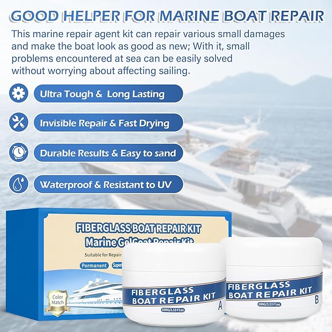 Marine Fiberglass Repair Kit for Boats, 200g/7.06oz Gel Coat Kepair kit for Boats, Epoxy Filler for Repairs Cracks, Scratches, Debris, Holes, Gaps, Suitable for Fiberglass, Acrylic, Porcelain
