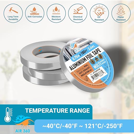 Aluminum 0,75" x 180 ft High Temperature Foil Duct Tape, HVAC Cold Weather 3/4" AC Tape, Waterproof Fire Proof Metal Tape for Air Conditioner, Thick Flex Duct Tape for Vent Repair, Pipe Insulation