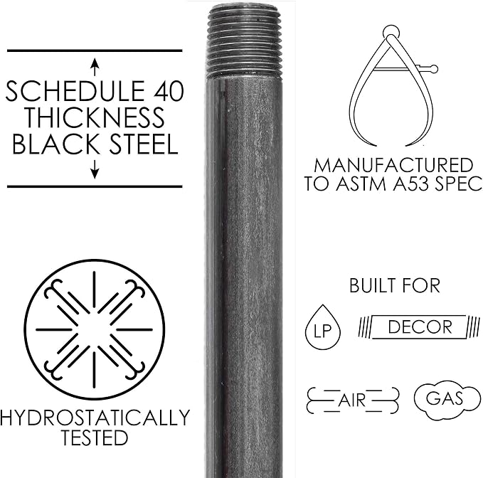 PIPE DÉCOR 1/2” x 48” Malleable Cast Iron Pipe Nipple, Pre Cut Connectors, Industrial Steel Grey Fits Standard Half Inch Black Threaded Pipes Nipples and Fittings, Build Vintage DIY Furniture, 4 Pack