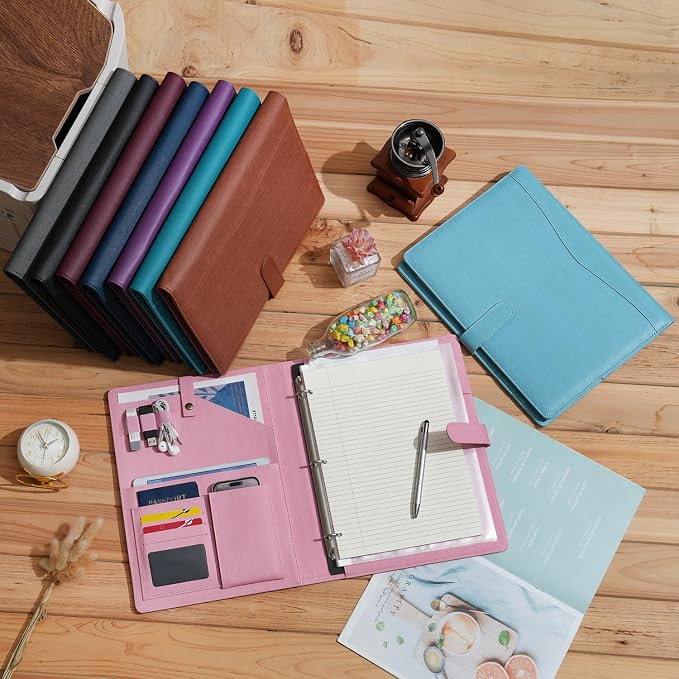 Wonderpool A4 PU Leather Portfolio Holder Ring File Document Case with Removable Binder Clipboard, Multi Pocket and Legal Pad for Business Organizer Interview and Meeting (Black)