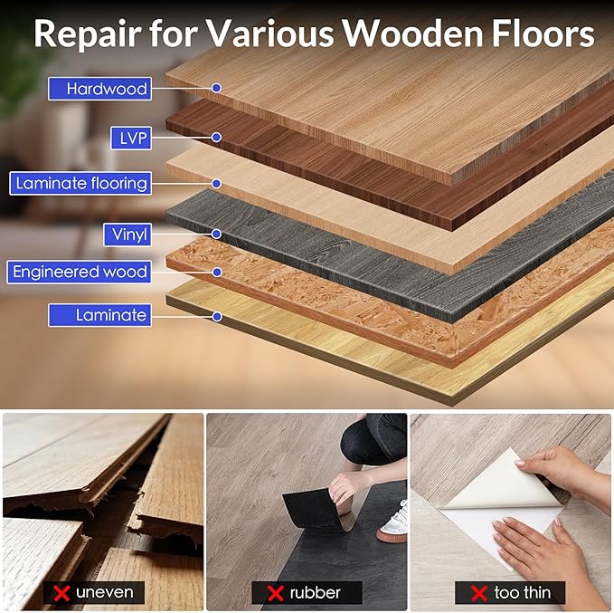 10PCS Floor Gap Fixer Tool Kit, Floor Repair Tools with Upgrade 60° Angle Nylon Block, Rubber Mallet & 6 Washable Adhesive Pads, Plank Grabber for Vinyl Laminate Hardwood Flooring Repair