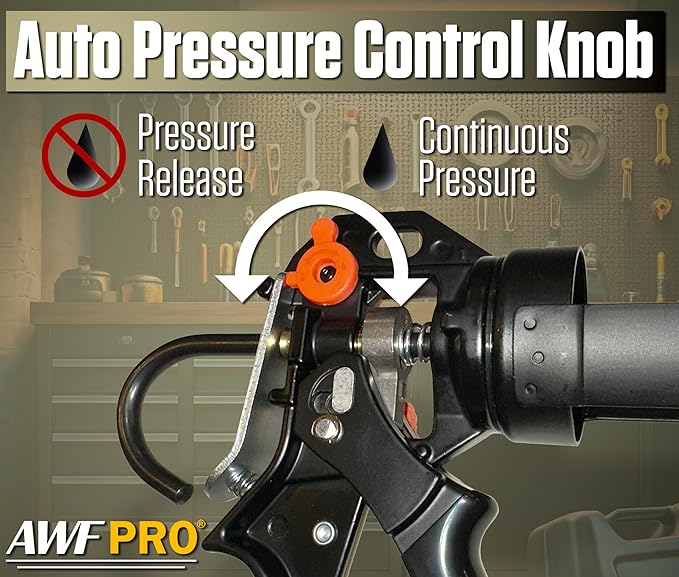 AWF PRO 10 oz Dual Thrust Caulk Gun, 25:1 or 12:1 Thrust Ratio, No Drip, Rotating Barrel, Comfort Grip, with Built-In Puncture Tool