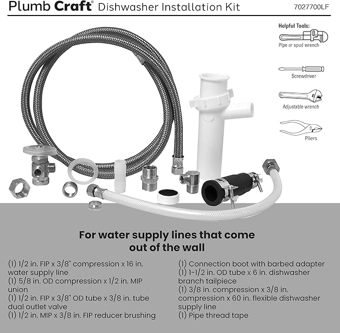 Waxman PlumbCraft White Dishwasher Installation Kit 7027700LF, Dishwasher Parts and Accessories Including Dishwasher Drain Hose, Dishwasher Water Supply Line, Compressions, and More