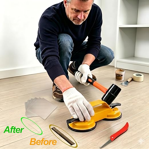 Floor Gap Fixing Tool, with Dual Heavy Duty 45°Striking Surface, Enhanced Suction Cups, 6X Sticky Pads, Rubber Mallet, Hook Tool, Works for Laminate, Vinyl, LVP, Wooden, Hardwood, Floor