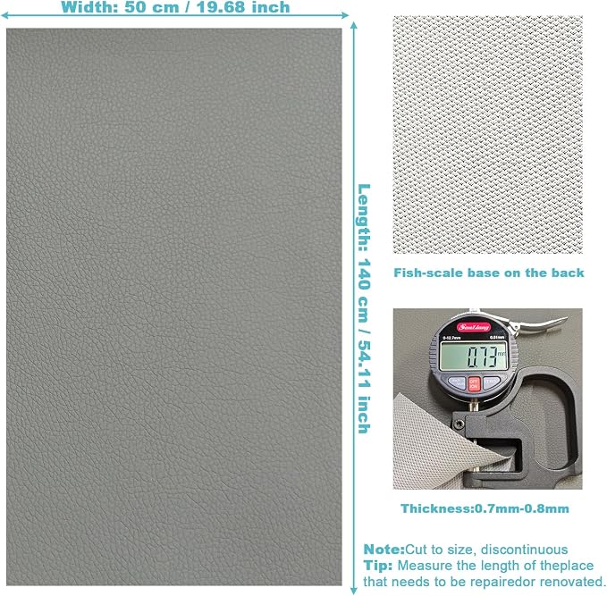 Grey Faux Leather Fabric 19"x54" - Lychee Grain Waterproof Vinyl Leather, Upholstery Material for Furniture Restoration, Car Seat Covers, Sewing and DIY Craft Projects