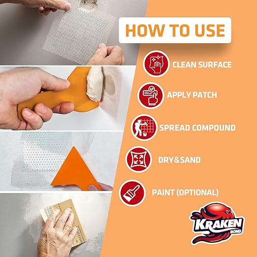 Kraken Bond Drywall Patch Repair Kit - (12x8 fl.oz.) Easy to Use Wall Patch Repair Kit for Drywall Hole & Cracks, Includes Aluminum Self-Adhesive Patch, Grit Sandpaper, Plastic Putty Knife, 12 Pack