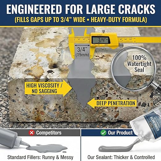 YKF Concrete Crack Filler (1.1lb) - Self-Leveling Liquid Cement Sealant for Driveways, Garage Floors, Patios - Waterproof, High Elasticity, Quick Drying - Gray