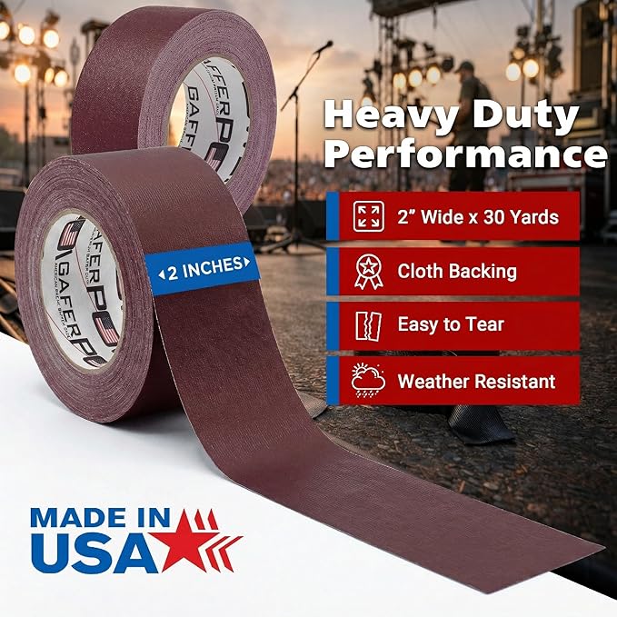 Gaffer Power Burgundy Gaffer Tape 2” x 30 Yards – No Residue, Premium Color, Made in USA, Matte Non-Reflective Cloth Tape for Stage, Events & Cable Management