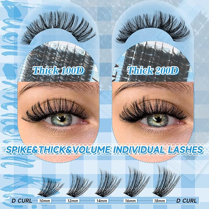 Lash Clusters Volume Eyelash Clusters 10-18mm Thick Individual Lashes 231pcs D Curly Cluster Eyelash Extensions Soft DIY Lash Extension At Home(0.05D,100D+200D)