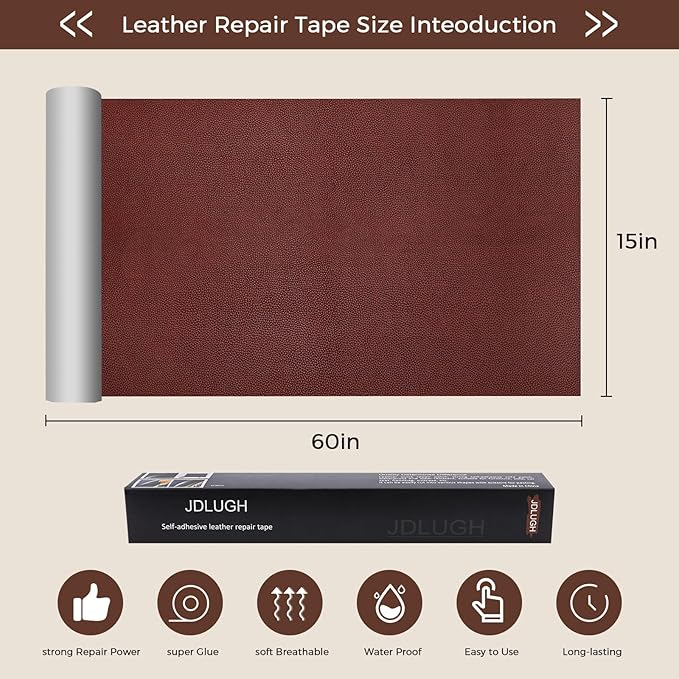 JDLUGH Sofa Leather Repair Patch Tape 15x60 Inch Large Self Adhesive Leather Sofa, Car Seat, Leather Furniture, Vinyl Repair Patch Kit (15x60 Inch, Red-Brown)