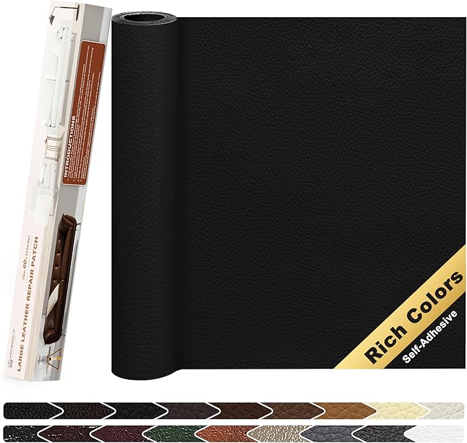 KING MOUNTAIN Leather Repair Patch,12 x 60 Inches self Adhesive Leather Repair Tape for Damaged Leather Furniture, Sofa Seating,Car Seats, Leather Goods（Black）