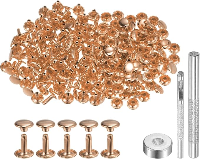 HARFINGTON 100 Sets Leather Rivets 10 x 9mm Metal Double Cap Rivet Snaps Studs Fasteners with 3pcs Setting Tools for Leather Craft DIY Repair Decoration, Light Gold Tone