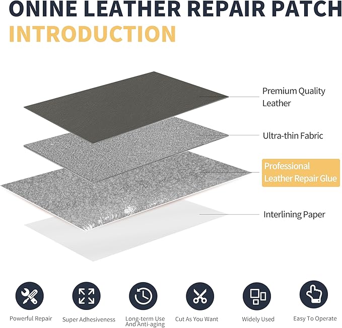 ONine Leather Repair Patch，Leather Repair Tape, 3 x 60 inches Leather Repair Patch for Furniture,Vinyl Repair Kit，Leather Couch Patch，for Sofas, Furniture, Car Seats, Office Chairs(Gray)