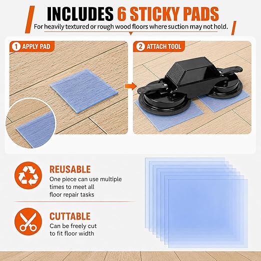 Floor Gap Fixer Tool with Suction Cup, Heavy Duty Floor Gap Repair Kit for Laminate, Floating, LVP, Vinyl Plank & Hardwood Flooring, Includes Rubber Mallet, Scrape, Gloves & 6 Reusable Pads