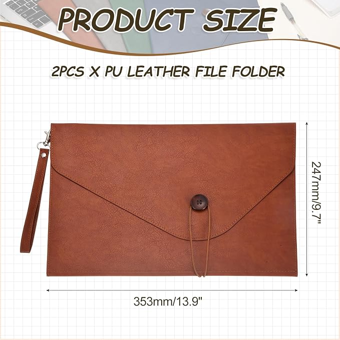PATIKIL 2Pcs Leather Folder, 14x10 Leather Document Holder File Folder PU Pouch Bag Portfolio File Organizer Handbag Button Personal Envelope Waterproof for Traveling Men Gift, Brown