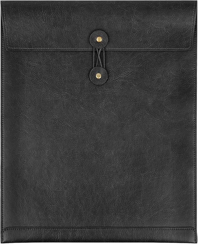 Black PU Leather File Folder for Documents,Important Document Folder with String Tie,Laptop Sleeve Notebook Case,Leather File Organizer, A4 Envelopes Filing Folder