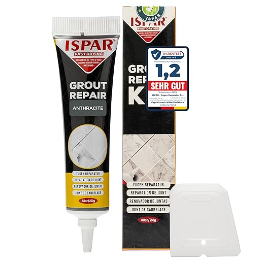 ISPAR Tile Grout Repair Kit – Dark Gray Grout Filler 8.8 oz, Pre-Mixed Grout Repair Paste, Ready to Use Tile Joint Filler for Bathroom & Shower Tile, Includes Spatula
