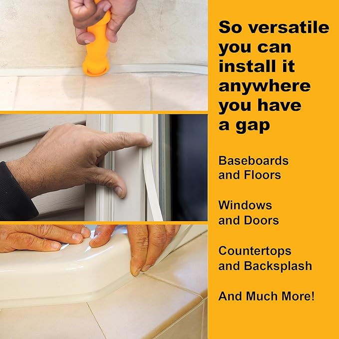 InstaTrim Peel & Stick Flexible Caulk Tape & Trim, Easy to use, self-Adhesive, Caulk sealant for Floors, Doors, Windows, counters, tubs and More - Made in USA, 3/4 inch x 10 feet, Ivory