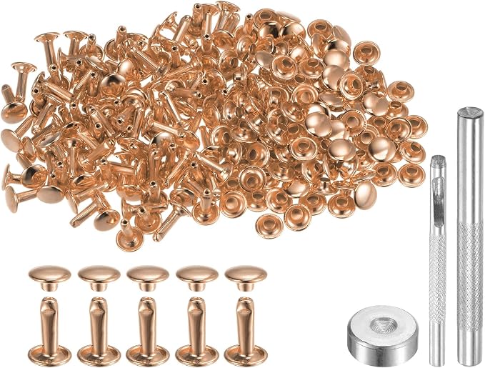 HARFINGTON 100 Sets Leather Rivets 12 x 8mm Metal Double Cap Rivet Snaps Studs Fasteners with 3pcs Setting Tools Rivets for Leather Craft DIY Repair Decoration, Light Gold Tone