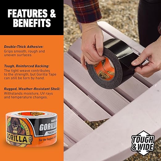 Gorilla Tape Tough & Wide,Black Tape,2.88" x 25 yd - Heavy Duty and Weather Resistant for Indoor or Outdoor,(Pack of 4)