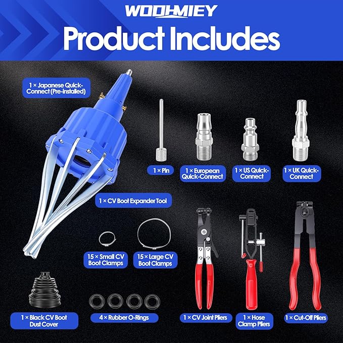 Pneumatic CV Boot Expander Spreader Tool Kit, Installation Removal Repair Kit with 3 Clamp Pliers 15 Pairs Hose Clamp, Universal CV Joint Boot Tool Compatible with ATV UTV (Blue)